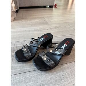 CJ Bis Charles Jourdan Black Floral Clear Strap Platform Wedge Sandals 8 Spain